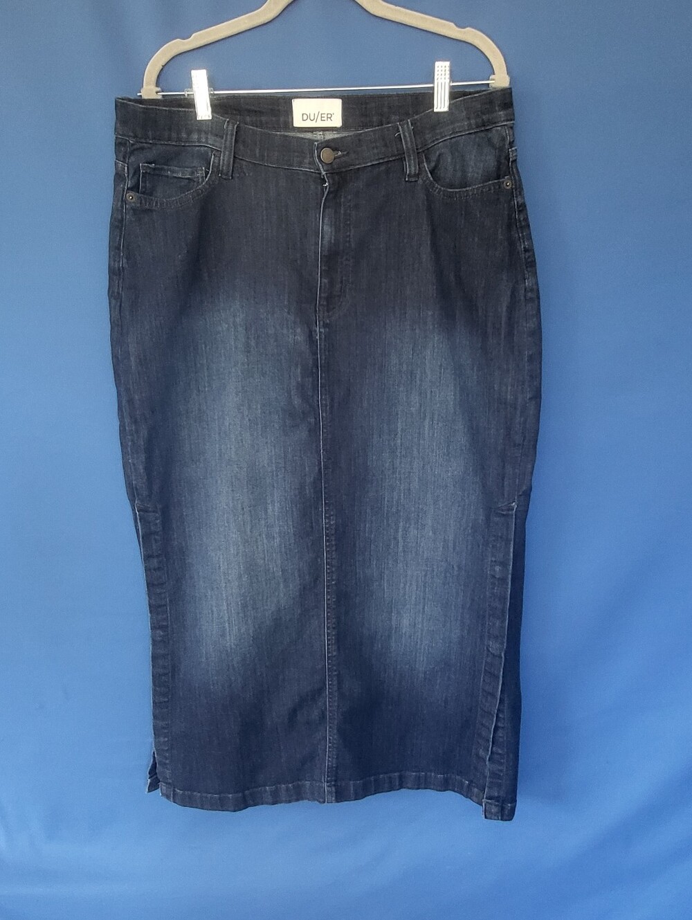 Performance Denim Slit Skirt Dark Wash Long Midi Snaps on Sides